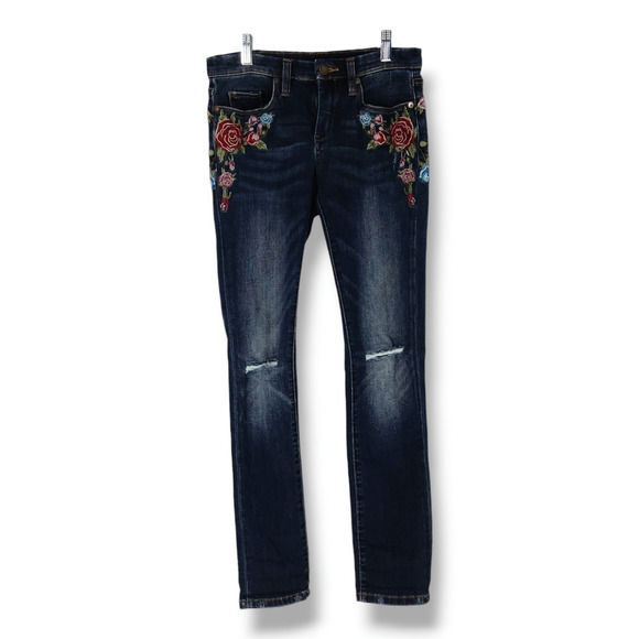 EUC BlankNYC Embroidered Floral Rose Skinny Denim Jeans Sz. 27x30 Dark Indigo - Picture 1 of 9